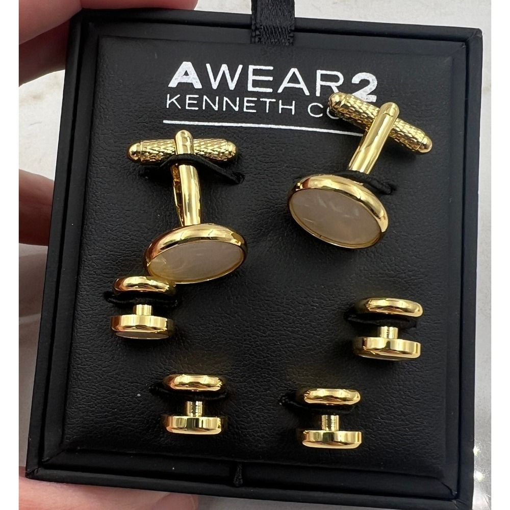 AWEAR2 Kenneth Cole Cufflinks & Stud Set Men's Gold Tone Mother of Pearl NIB